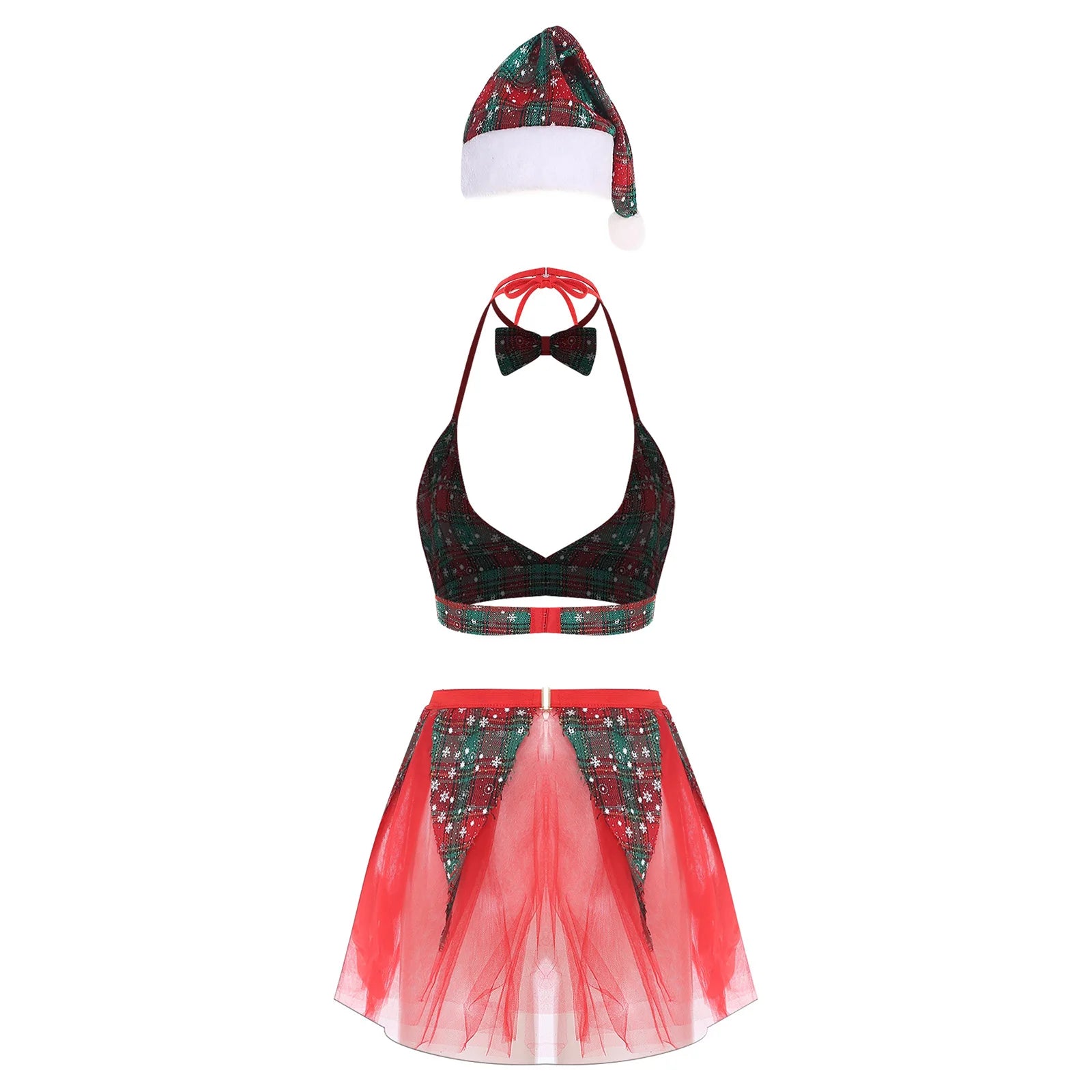 Womens Christmas Xmas Santa Claus Cosplay Lingerie Costume Set Halter Bra Top with Tulle Miniskirt Bowtie and Christmas Hat