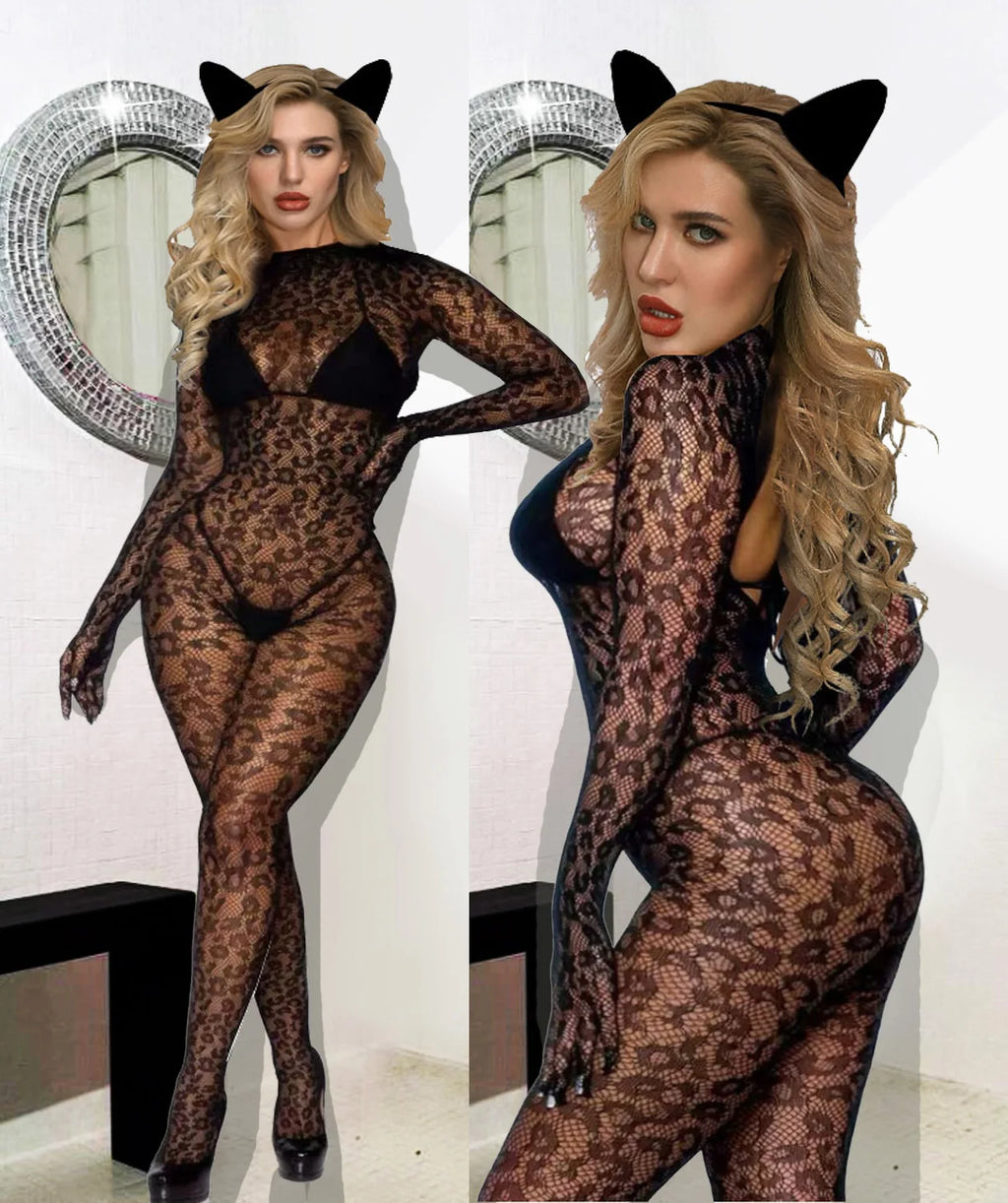 Sexy lingerie sexy bodycon dress fishnet Leopard print clubwear christmas perspective valentines day female lingerie gloves