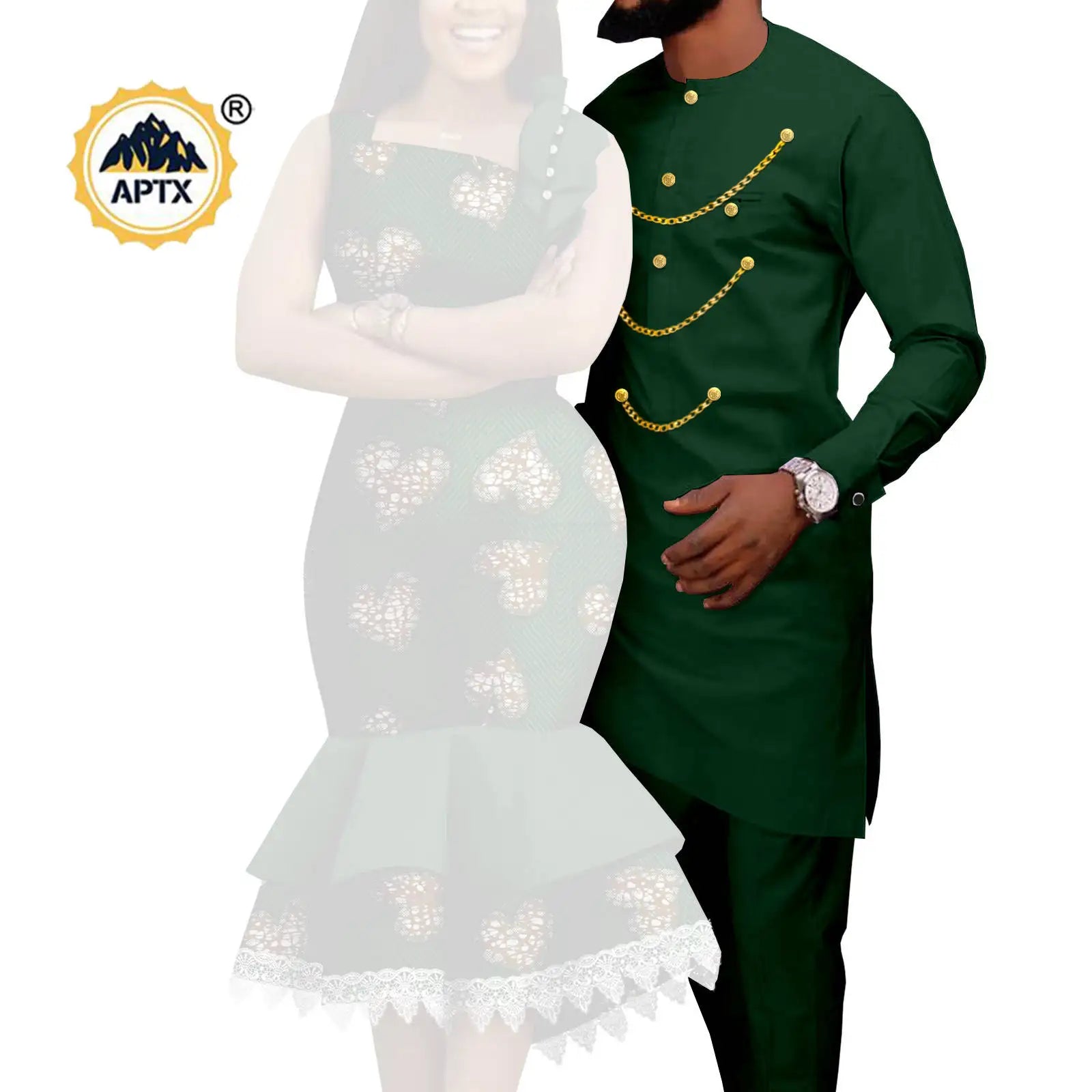 Dashiki African Slim Dresses for Women Matching Couple Outfits Men Chain Shirts and Pants Sets Wedding Party Clothes Y23C039