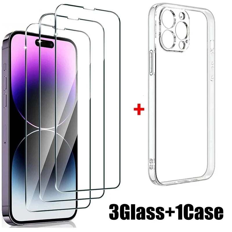 3PCS HD Tempered Glass+1PC Phone Case Set Meal For iPhone 15 13 14 12 11 Pro Max 14 15 Plus Screen Protector Protective Film