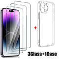3PCS HD Tempered Glass+1PC Phone Case Set Meal For iPhone 15 13 14 12 11 Pro Max 14 15 Plus Screen Protector Protective Film