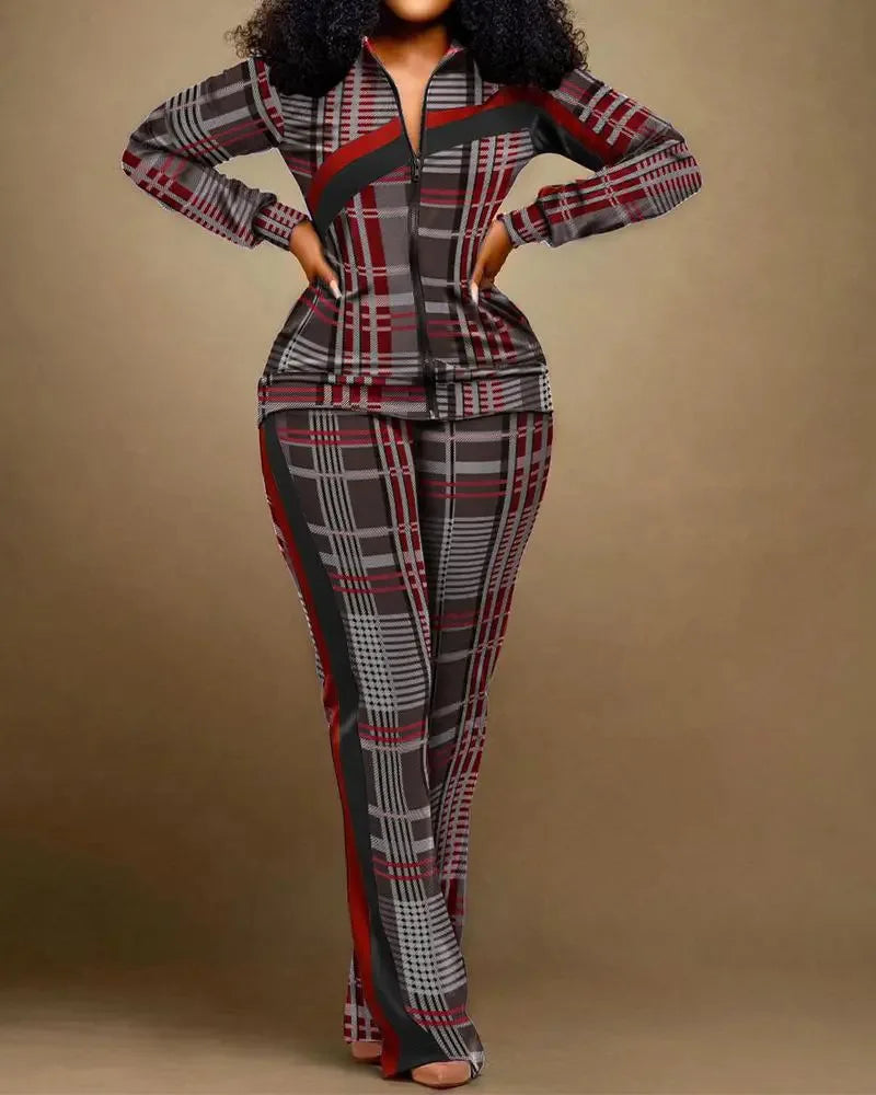 2023 Women Print Zipper Stand Collar Sheath Tops Two Piece Sets Full Sleeve Casual Long Straight Pants Set Autumn Winter