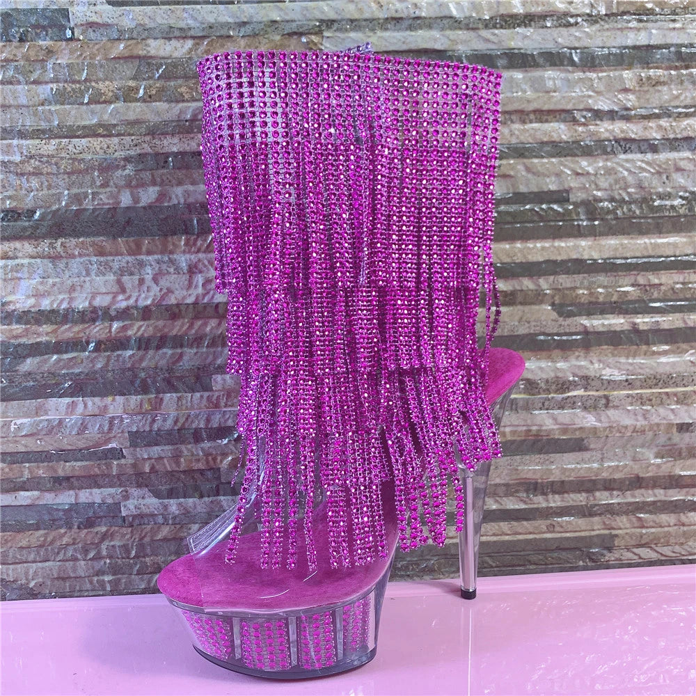 Brand Electroplated Tassels Pumps 17CM Thin High Heels Ankle Boots Pole Dance Nightclub Model Catwalk Platform Women's Shoes