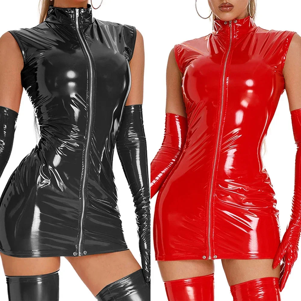 Clubwear Womens Clubwear Women's PVC Wet Look Leather Sleeveless Zip Bodycon Dress Perfect for Night Activities