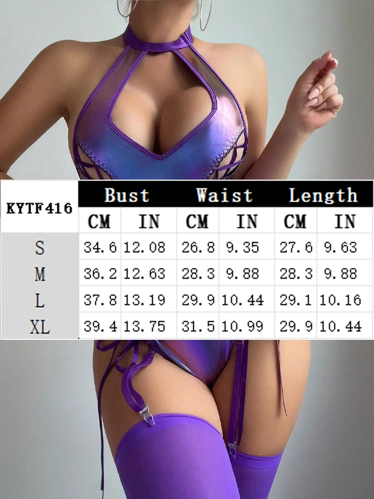 Stage Clubwear Sexy Leather Lingerie Shine Garter Underwear Hollow Out Erotic Bodysuit with Stockings Exotic Apparel Teddies Set