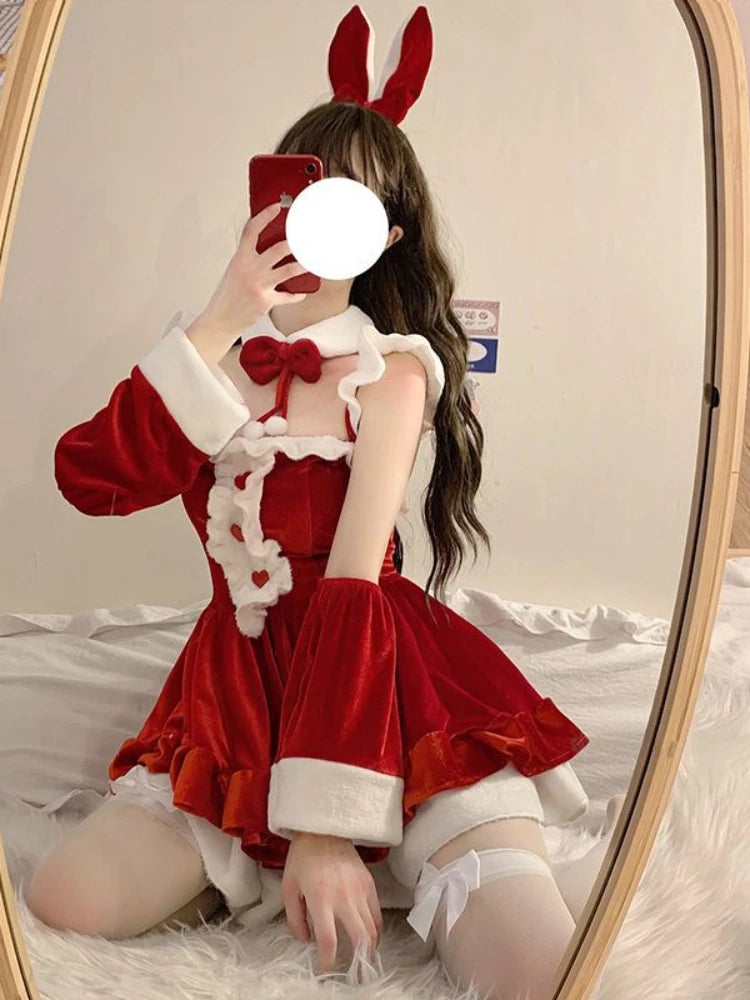 Sexy Red Santa Costume Christmas Lingerie Cute Hollow Out Bikini Bowknot Underwear Pajamas Christmas Lingerie Cosplay Bra Set