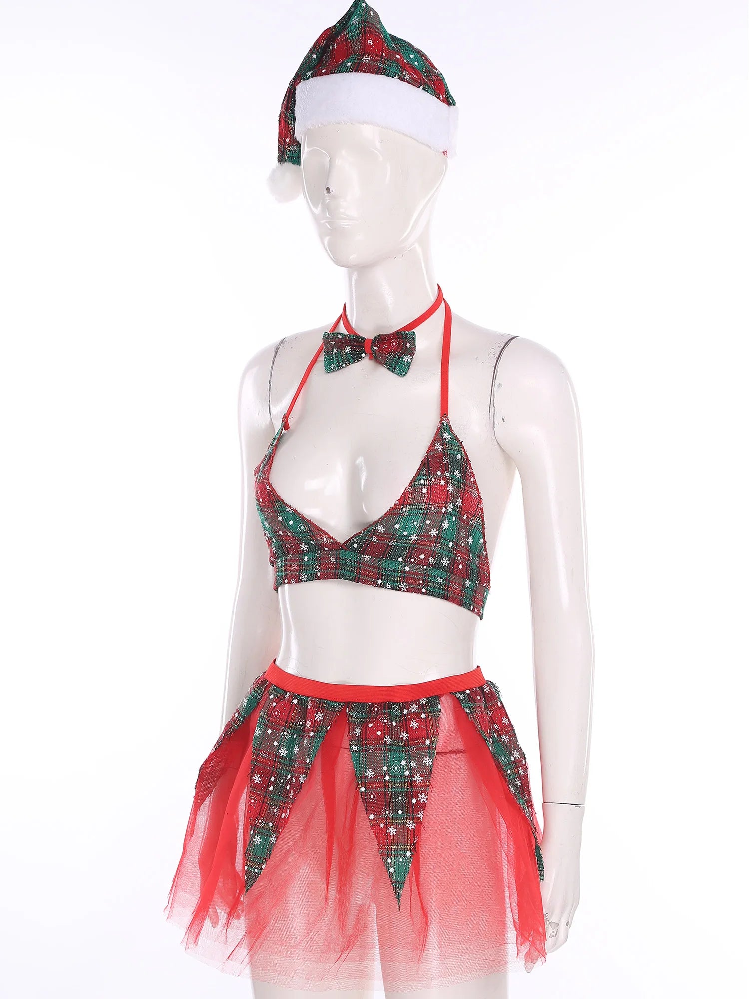 Womens Christmas Xmas Santa Claus Cosplay Lingerie Costume Set Halter Bra Top with Tulle Miniskirt Bowtie and Christmas Hat