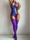 Stage Clubwear Sexy Leather Lingerie Shine Garter Underwear Hollow Out Erotic Bodysuit with Stockings Exotic Apparel Teddies Set