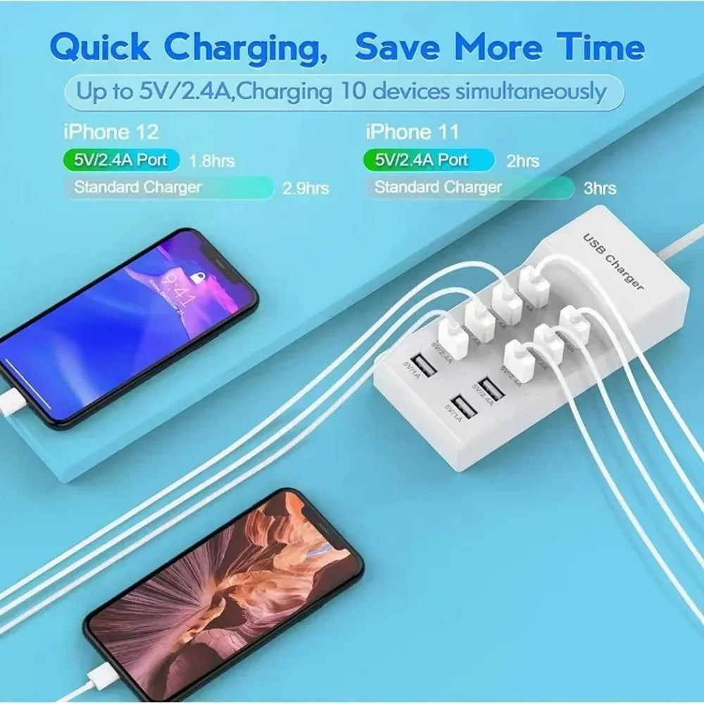 USB 10-in-1 Port Multi-function Hub Fast Charger for Cellphone Tablet Multiple Devices Extension Socket For US EU UK plug