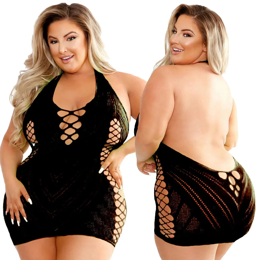 Pornographic Plus Size Sexy Clubwear Dresses Fishnet Bodycon Night Hot Dress Women Underwear Transparent Dress Erotic