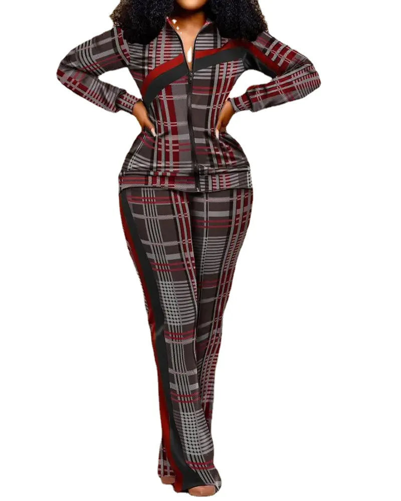 2023 Women Print Zipper Stand Collar Sheath Tops Two Piece Sets Full Sleeve Casual Long Straight Pants Set Autumn Winter