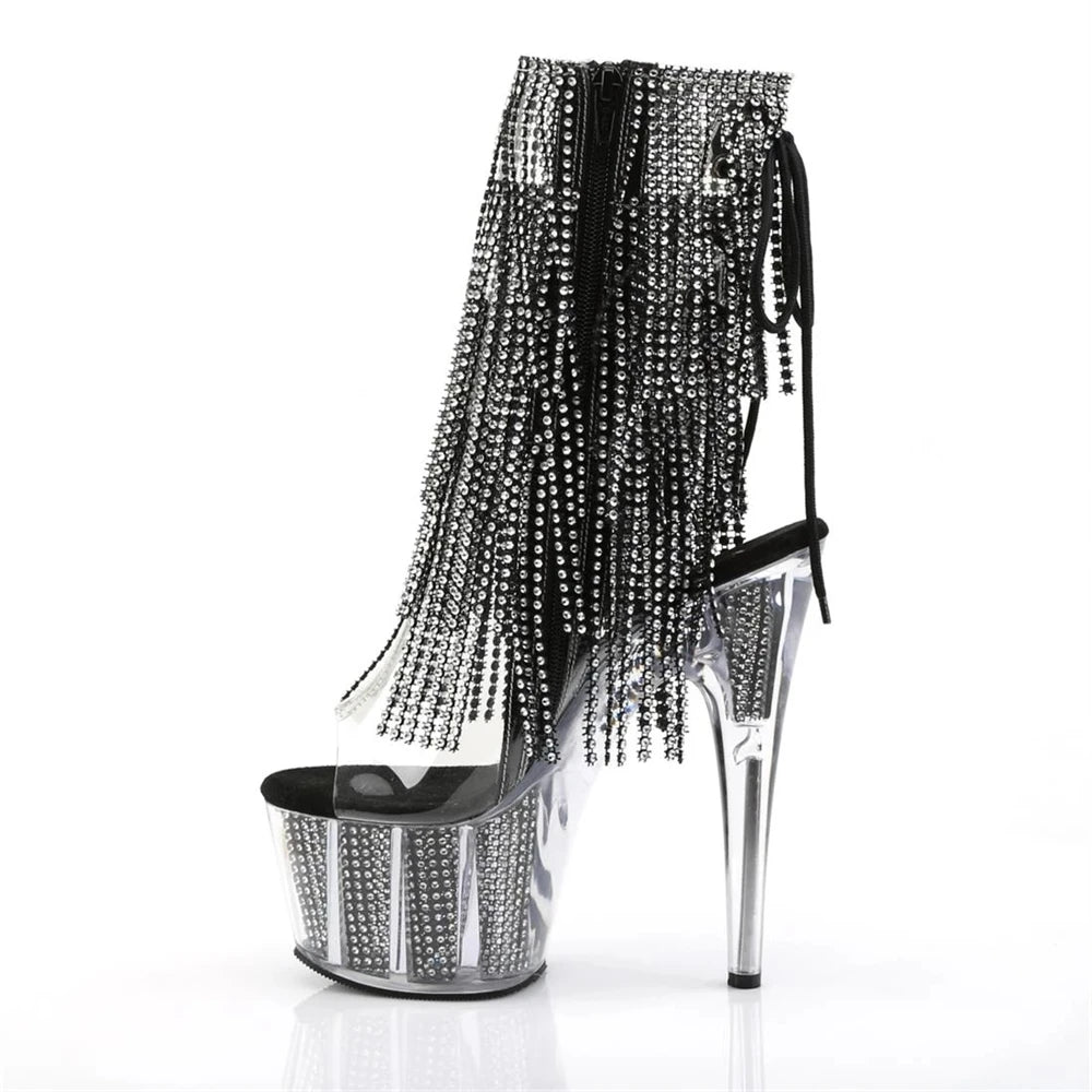 Brand Electroplated Tassels Pumps 17CM Thin High Heels Ankle Boots Pole Dance Nightclub Model Catwalk Platform Women's Shoes