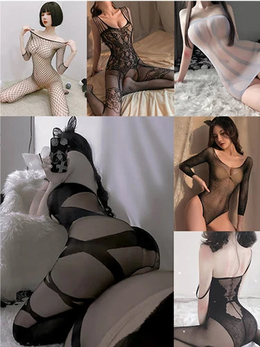 Stage Clubwear Sexy Leather Lingerie Shine Garter Underwear Hollow Out Erotic Bodysuit with Stockings Exotic Apparel Teddies Set