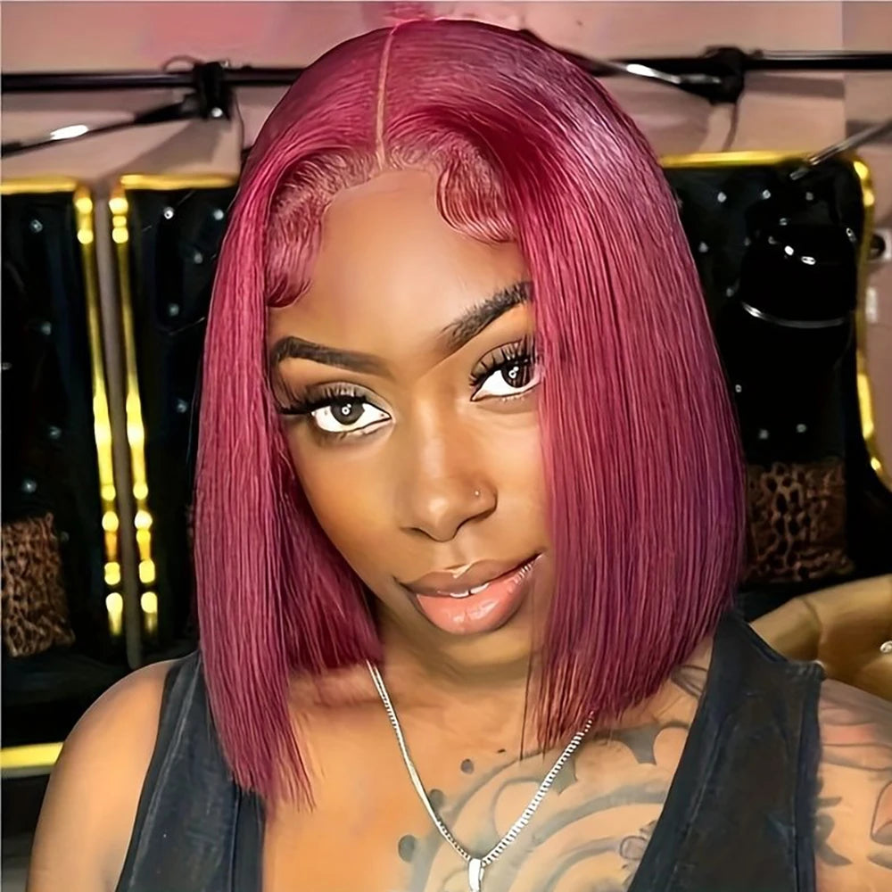 Bob Wig Human Hair 13X4 HD Lace Frontal Short Straight Lace Front Bob Wigs for Black Women Human Hair Wine Red 99J Burgundy