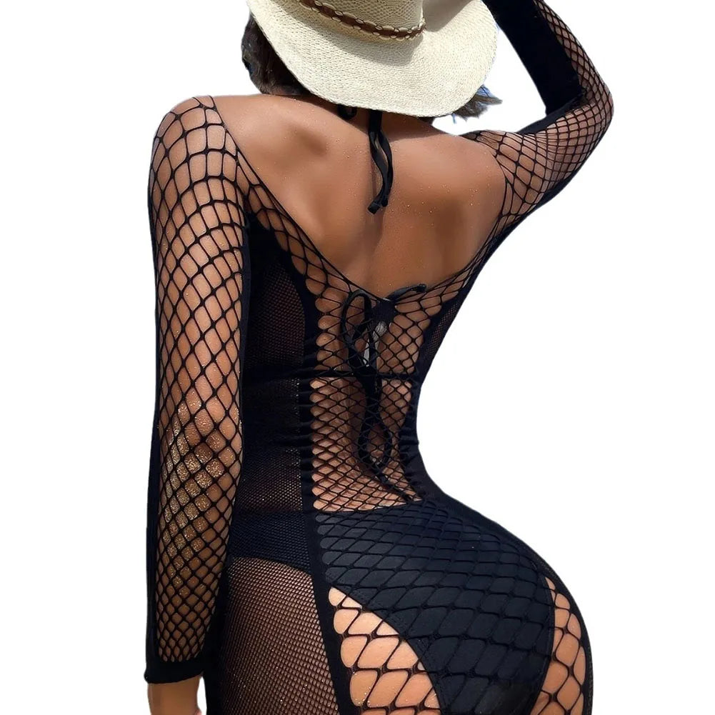 Sexy Women Elastic Lingerie Bodystocking Fishnet Hollow Dress Bodysuit Nightwear Bikini Cover Up Night Club Fantasy Erotic Wear