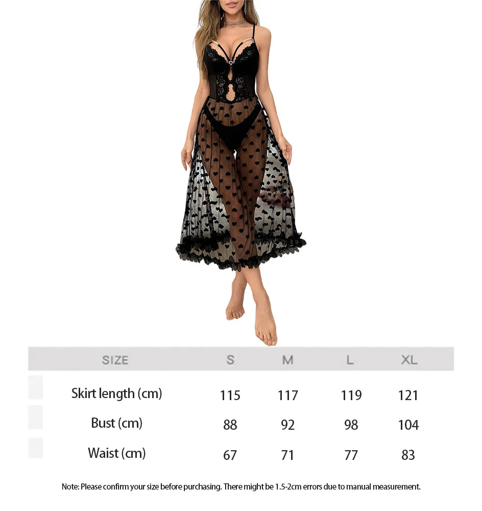 Sling Lingerie Set Sexy Hollowed Out  Perspective Lace Long Sleeping Dress Summer Romantic Pajamas Womens Deep V Nightwear