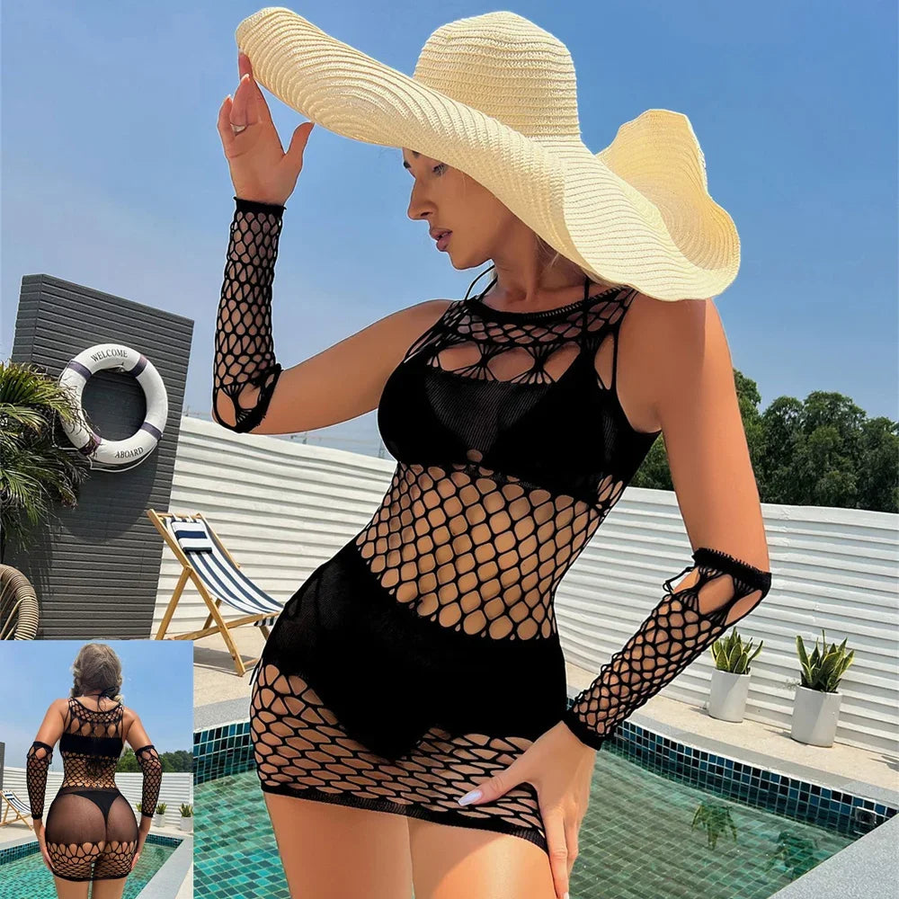 Sexy Women Elastic Lingerie Bodystocking Fishnet Hollow Dress Bodysuit Nightwear Bikini Cover Up Night Club Fantasy Erotic Wear