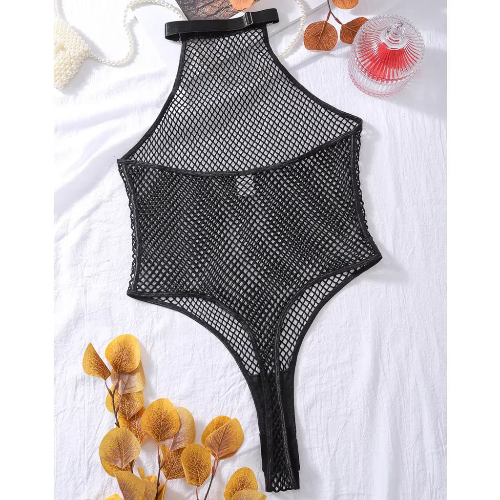Erotic Bodysuit Fishnet Transparent Mesh Body Sensual See Through Sissy Crotch Open Tops Sexy Lingerie Women One-piece Jumpsuit