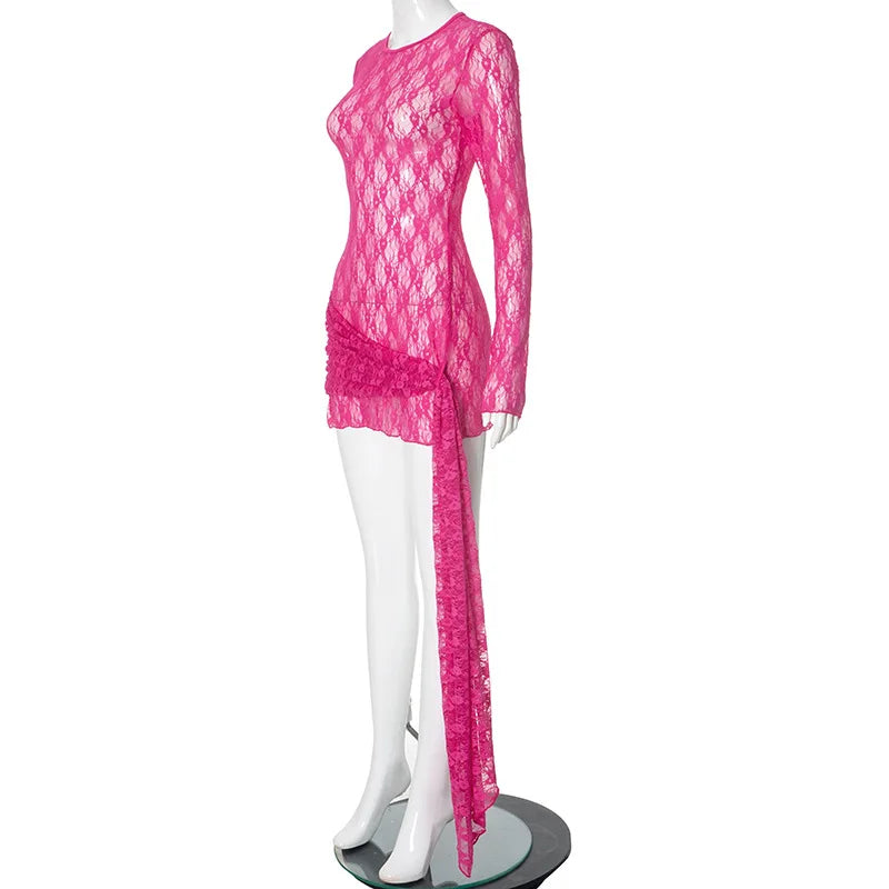 See Through Lace Bodycon Dress For Women Streetwear Long Sleeve Sexi Night Dress Hot Club Outfits Tassels Vestidos De Mujer