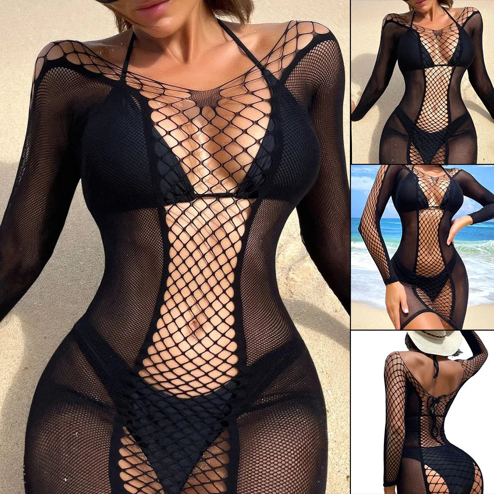 Sexy Women Elastic Lingerie Bodystocking Fishnet Hollow Dress Bodysuit Nightwear Bikini Cover Up Night Club Fantasy Erotic Wear