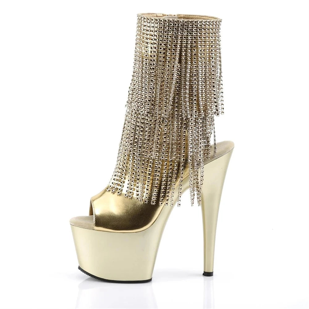 Brand Electroplated Tassels Pumps 17CM Thin High Heels Ankle Boots Pole Dance Nightclub Model Catwalk Platform Women's Shoes
