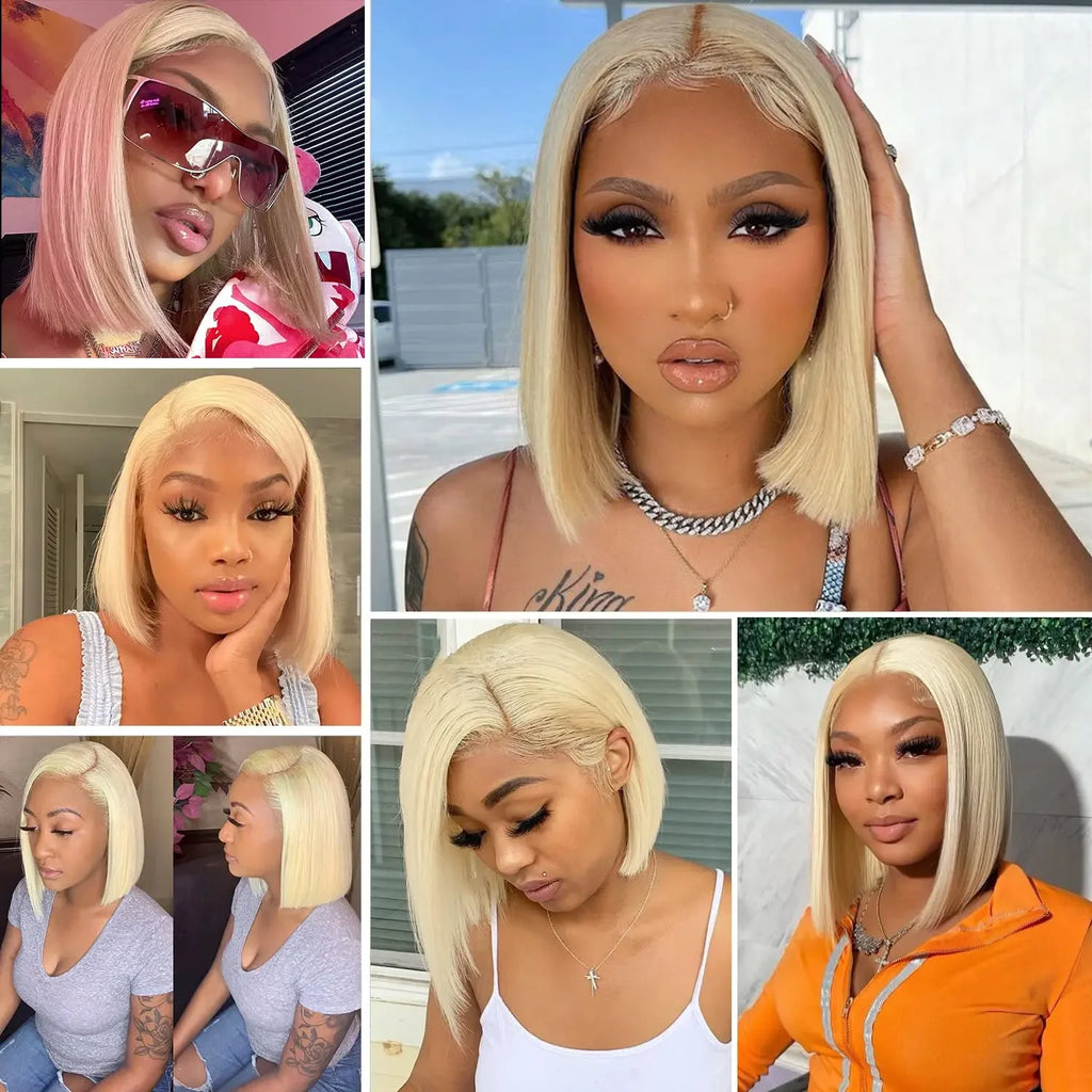 13x4 Blonde Bob Wig Lace Front Human Hair Wigs 613 Bone Straight HD Lace Frontal Wig 200% Honey Blonde Human Hair Short Bob Wigs