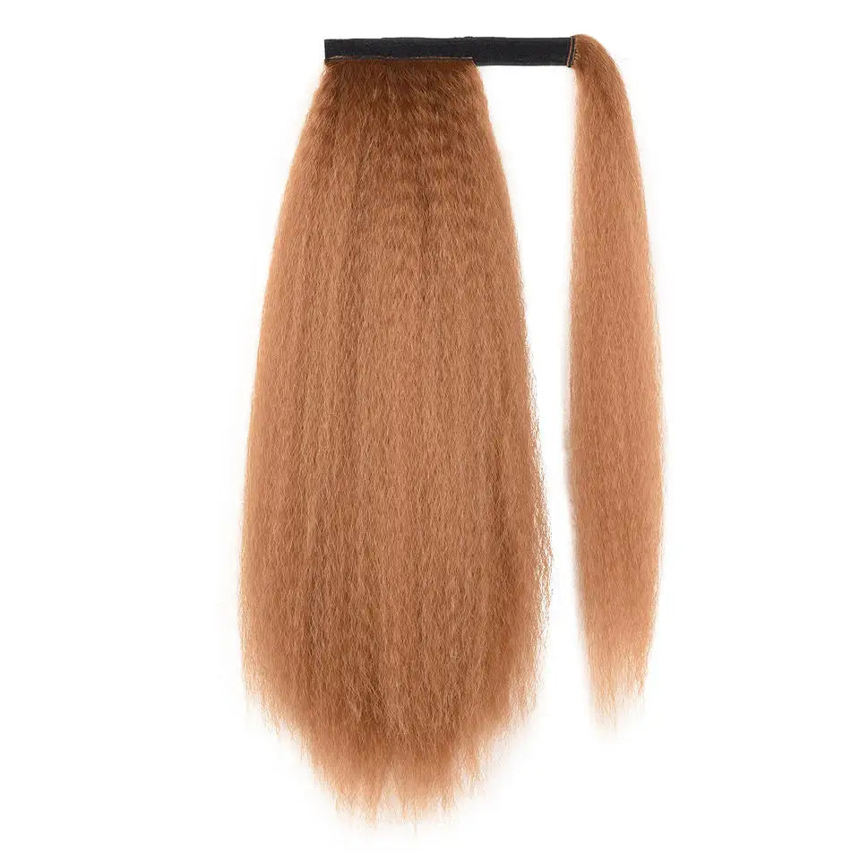 Synthetic Long Kinky Straight Ponytail Extension for Black Women Yaki Wrap Arpund Hair 24 Inch Clip in Magic Paste Black Tail