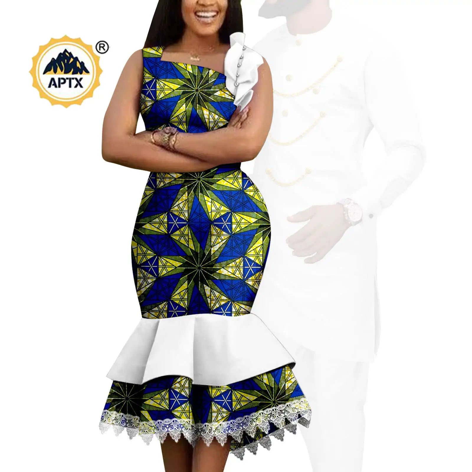 Dashiki African Slim Dresses for Women Matching Couple Outfits Men Chain Shirts and Pants Sets Wedding Party Clothes Y23C039