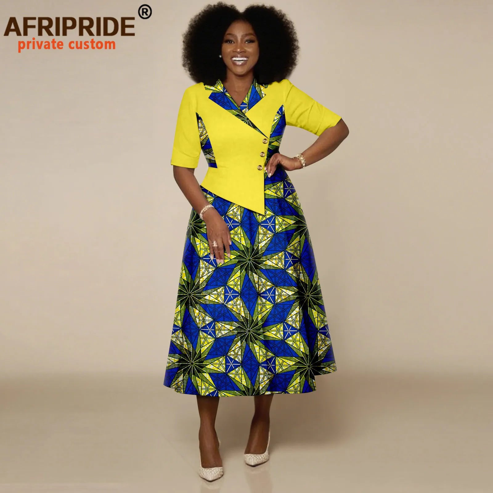 African Dresses for Women Half Sleeve High Waist Single Breasted Midi Dress Ankara Attire Print Party Outfits for Lady 2525132