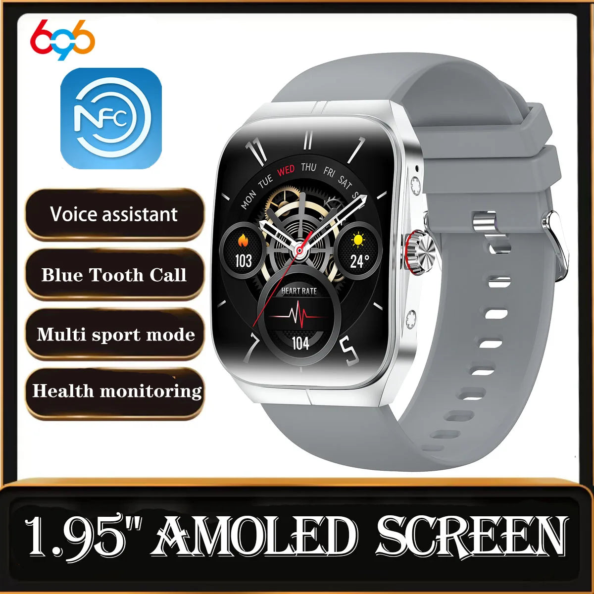 New AMOLED Screen Men Women Sports Health Watches Blue Tooth Call NFC Heart Rate Voice Assistant Smartwatch Waterproof  Music