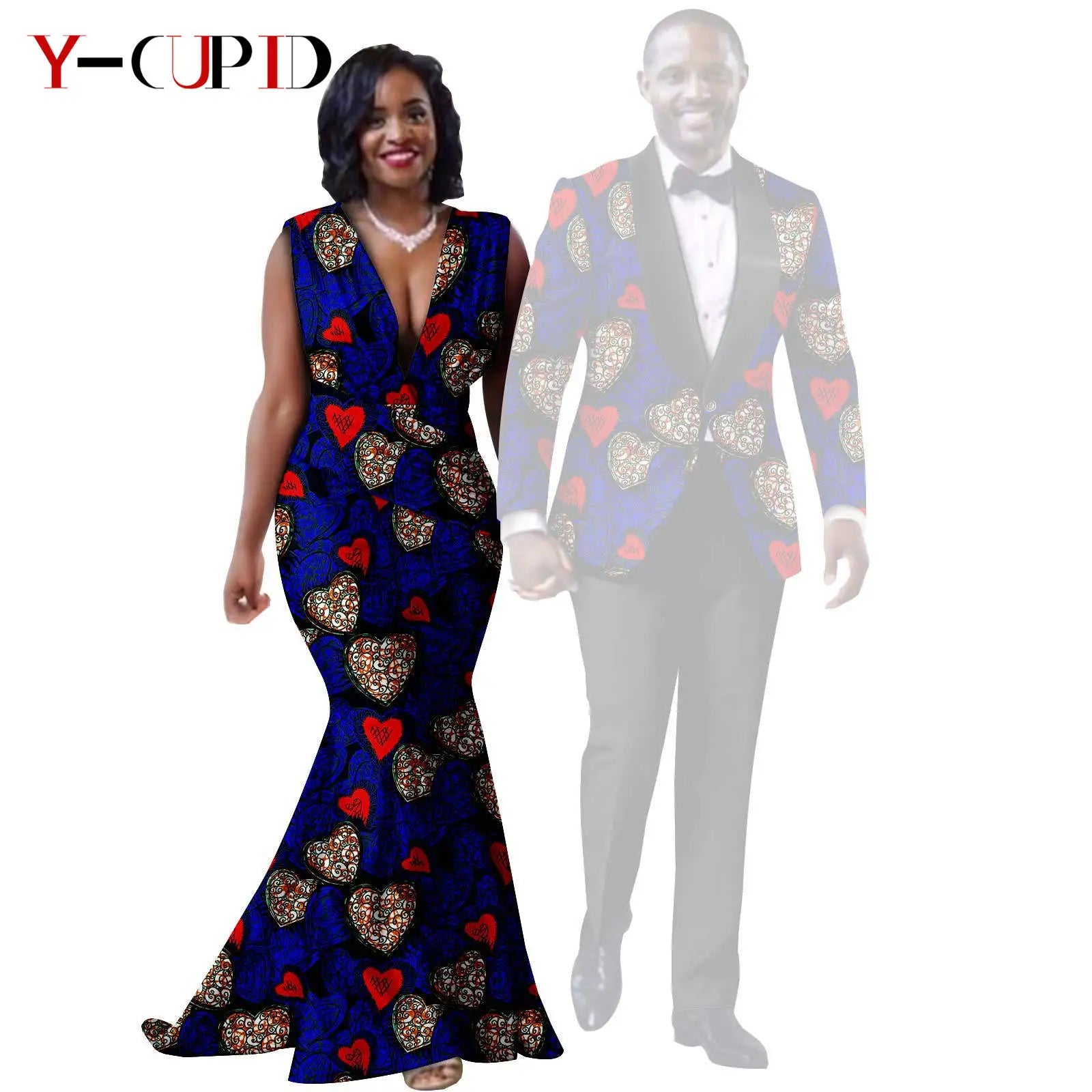 African Print Long Mermaid Dresses for Women Matching Couple Clothes Men Suits Top and Pant Sets Dashiki Party Wedding 25C005