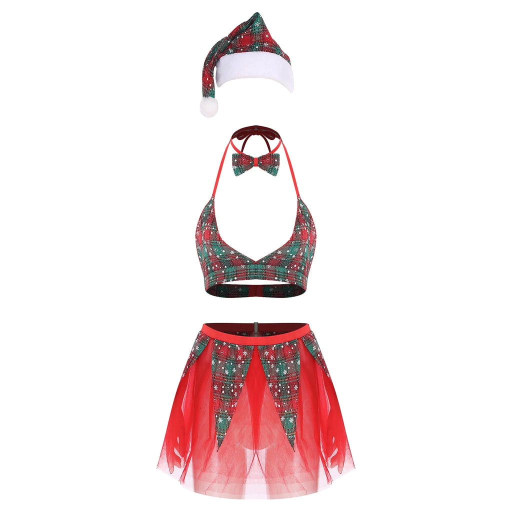 Womens Christmas Xmas Santa Claus Cosplay Lingerie Costume Set Halter Bra Top with Tulle Miniskirt Bowtie and Christmas Hat