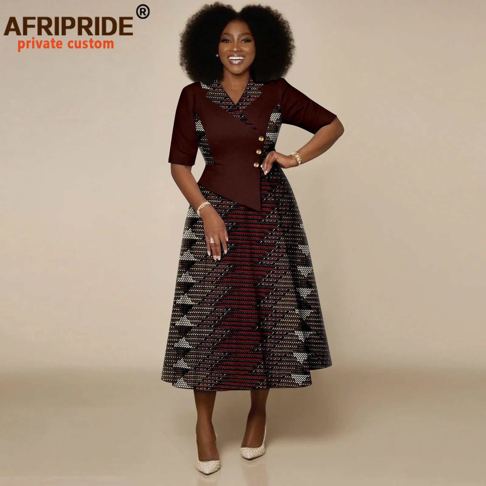 African Dresses for Women Half Sleeve High Waist Single Breasted Midi Dress Ankara Attire Print Party Outfits for Lady 2525132