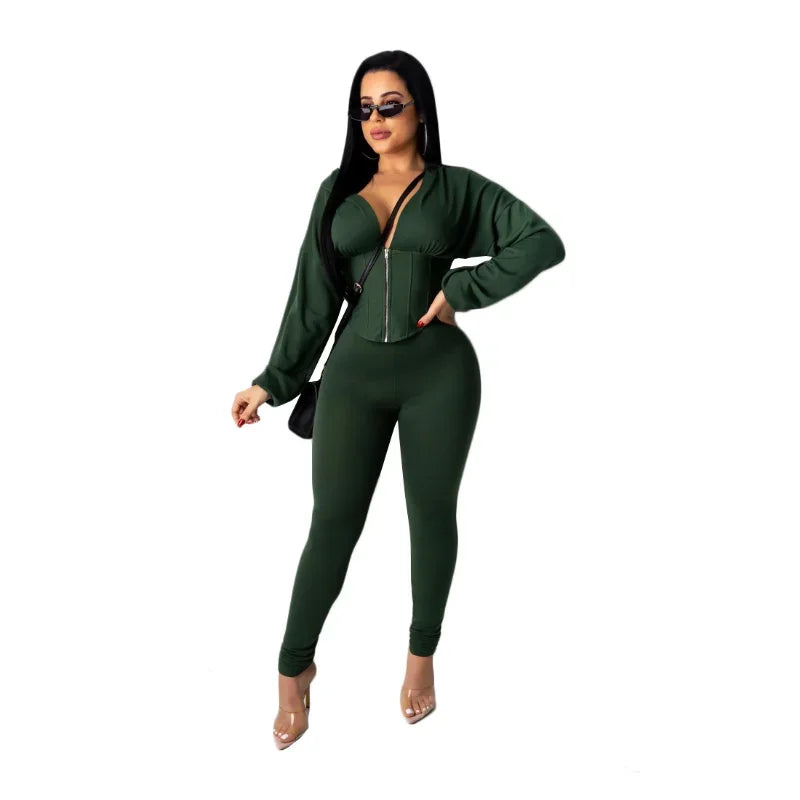 2024 European and American Women's Zippered Hooded Cardigan Pants Fashion Sports Set