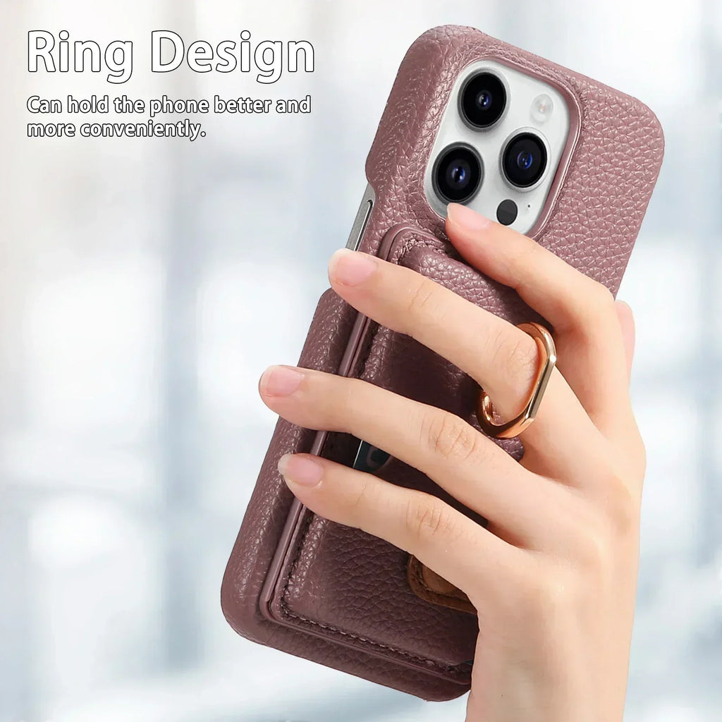 Leather Ring Support Phone Case for IPhone 13 12 Mini 16 15 Plus 14 11 Pro Max X XS Wallet with Card Holder Shockproof Cover