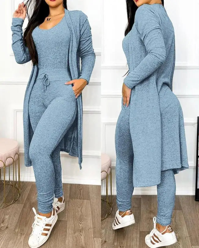 Two Piece Set Women Outfit 2023 Spring Fashion Drawstring Pocket Design U-Neck Sleeveless Skinny Jumpsuit & Long Sleeve Coat Set