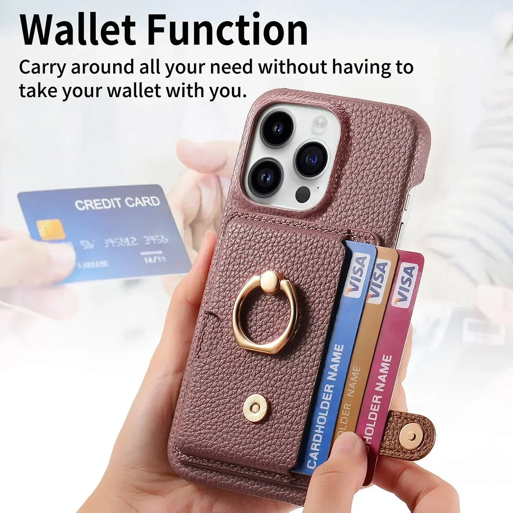 Leather Ring Support Phone Case for IPhone 13 12 Mini 16 15 Plus 14 11 Pro Max X XS Wallet with Card Holder Shockproof Cover