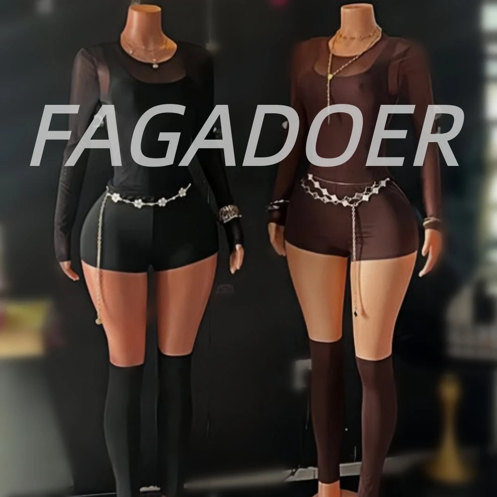 FAGADOER Sexy Mesh 4 Pieces Set for Woman Outfits Solid Color Long Sleeve Crop Top + Shorts Matching Female Streetwear Clothing