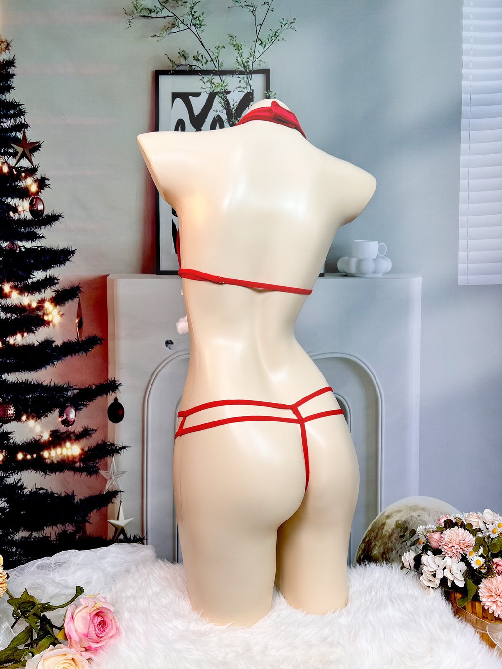 Women's Sexy Christmas Lingerie Set, Bra & Open Crotch Thong, Women's Sexy Lingerie & Underwear
