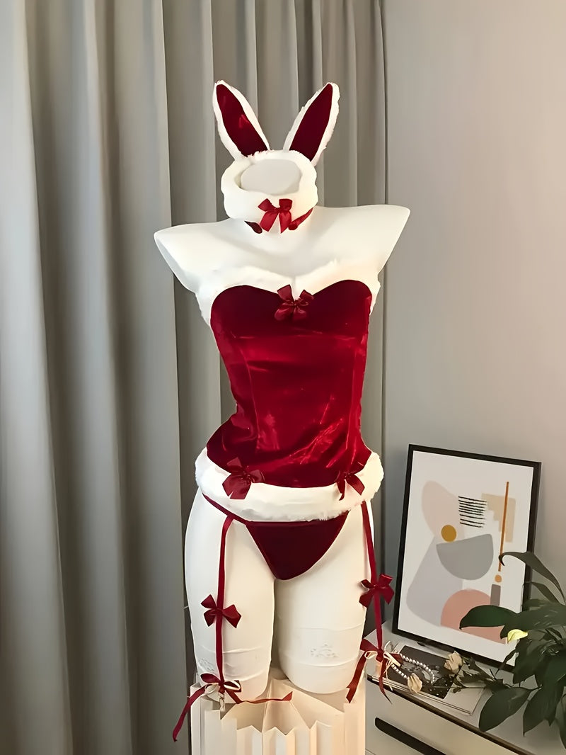 Women'S Sexy Naughty Santa Cosplay Costume - Red & White Christmas Lingerie Set with Raw Edges, Bow Details & Stretch Fabric - Complete Outfit with Dress, Thong, Headband & Collar - Comfortable & Durable for Themed Parties, R