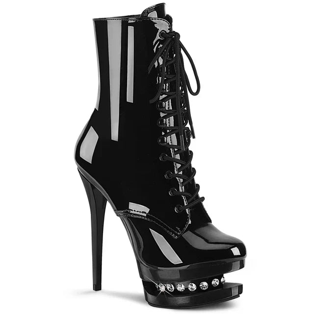 1020 Black PT Leather Close Toe Ankle Boots with Diamond Platform