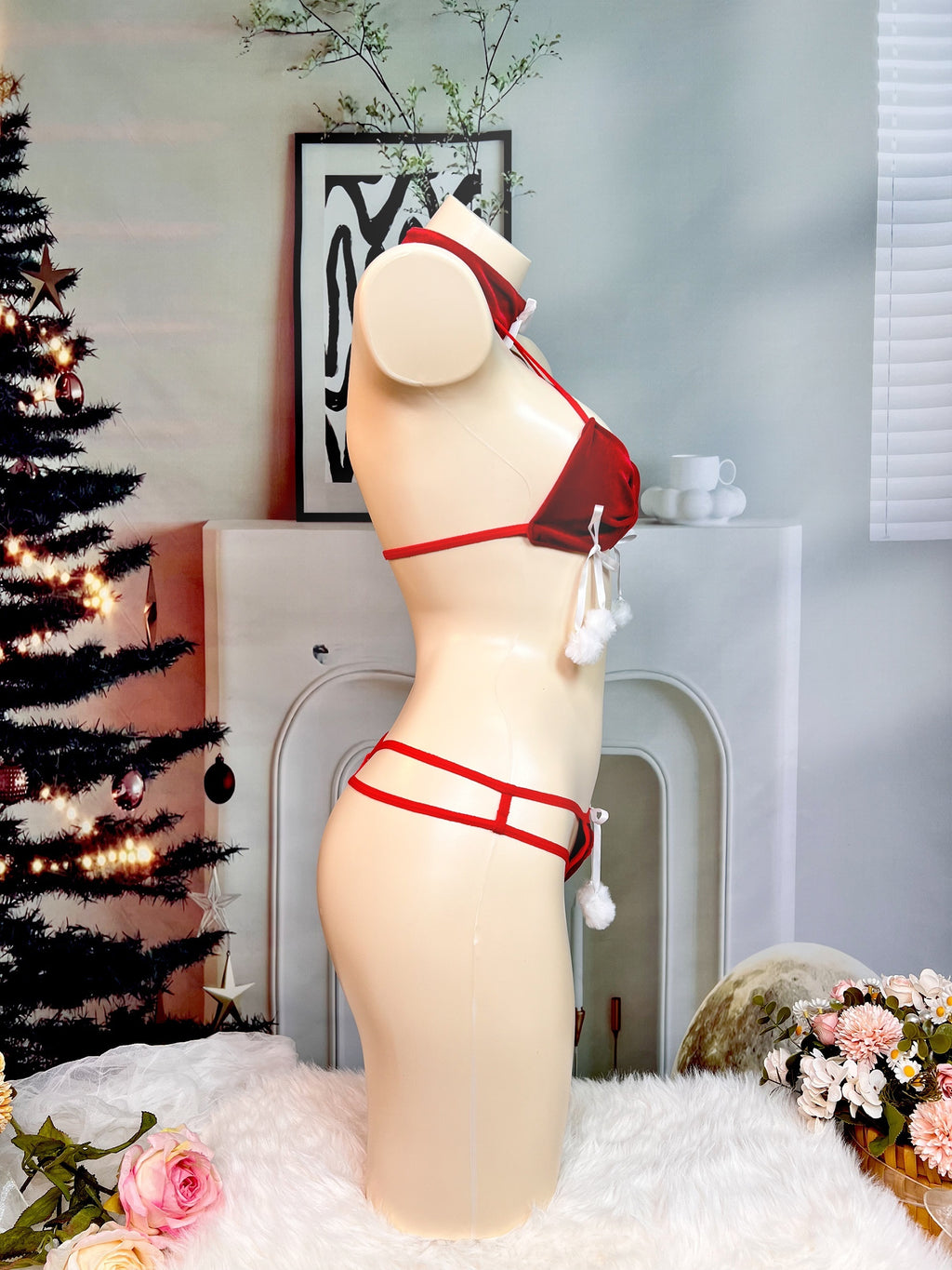 Women's Sexy Christmas Lingerie Set, Bra & Open Crotch Thong, Women's Sexy Lingerie & Underwear