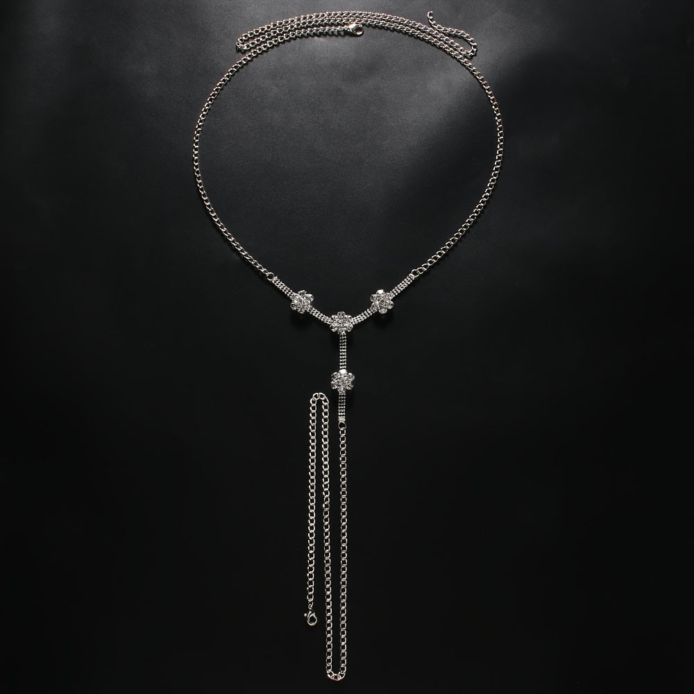 Stainless Steel Rhinestone Waist Chain - Cute Street Style Body Jewelry for Beach & Night Out - Fashionable Metal Floral Pendant Belly Chains for Women - Universal Size Sexy Waistline Accessory