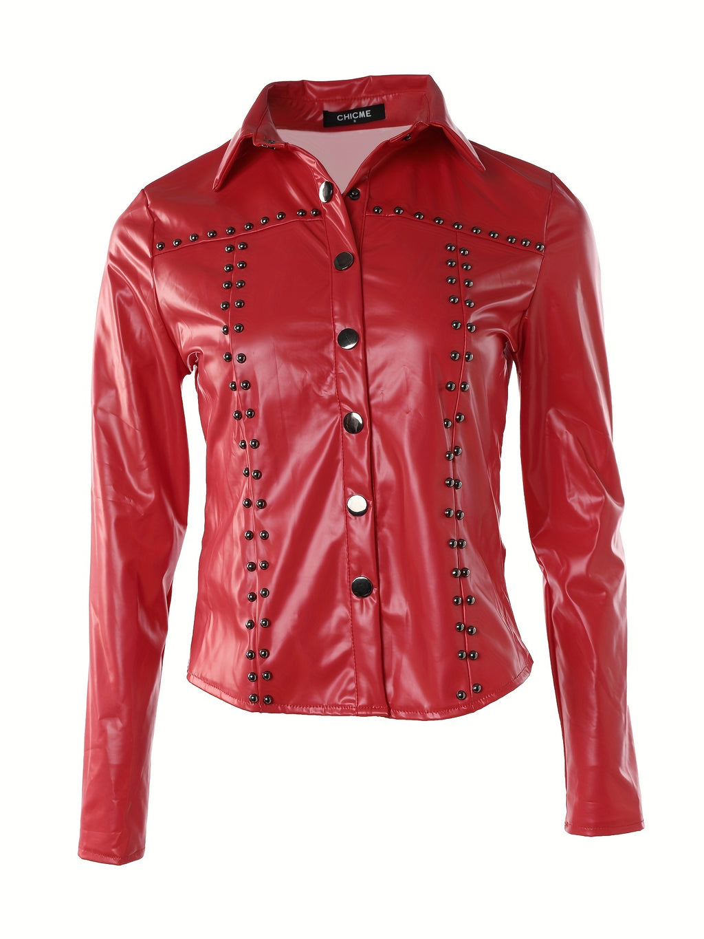 Long Sleeve Solid PU Sexy Slim Button Front Collar Blouse, Women's Clothing