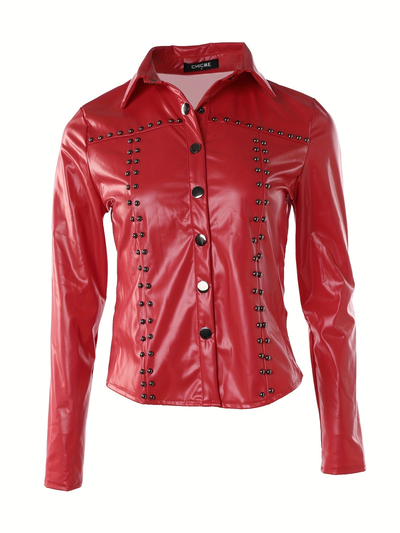 Long Sleeve Solid PU Sexy Slim Button Front Collar Blouse, Women's Clothing