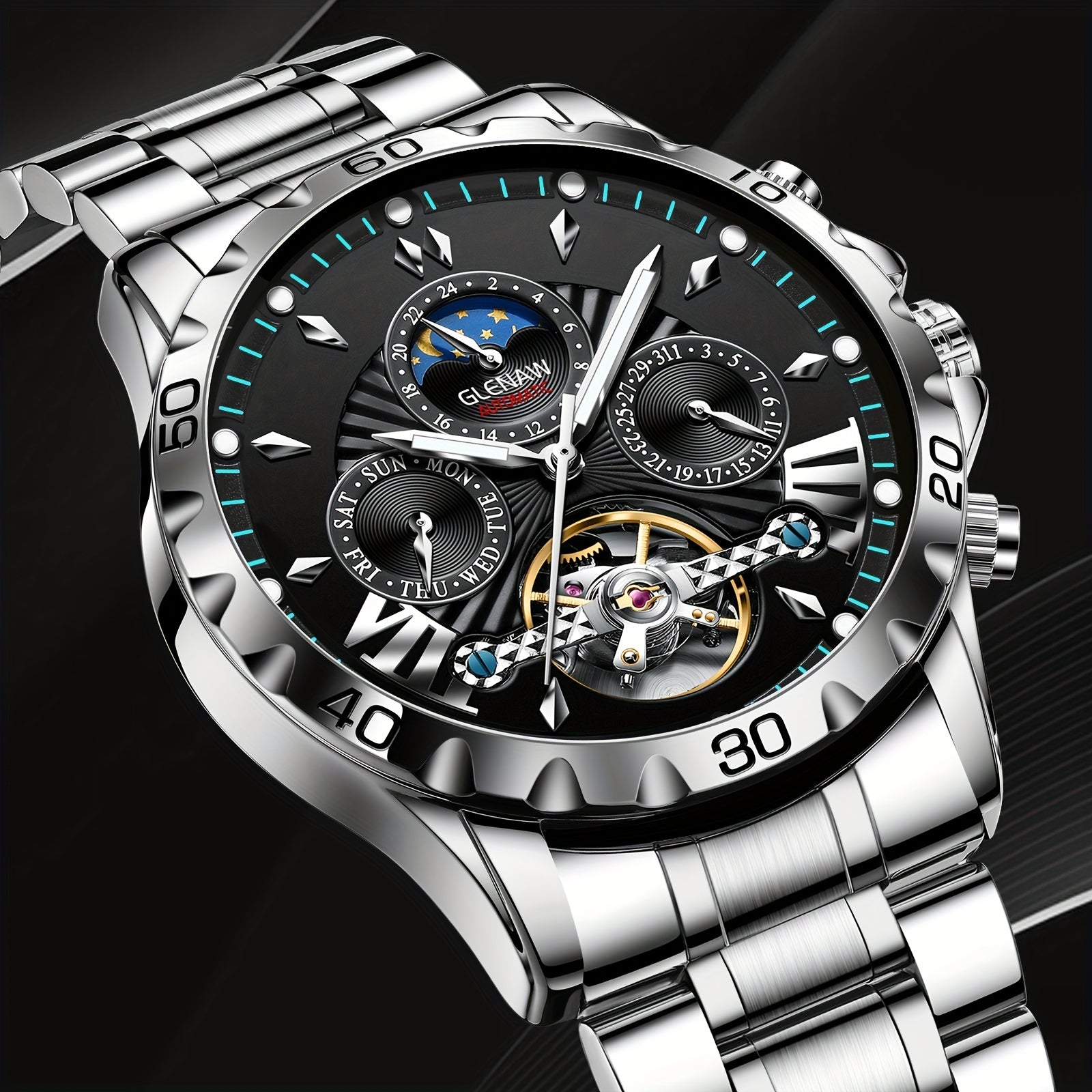 Premium Mens Automatic Mechanical Watch - 24H Dial, Date & Day Display, Self-Winding - Stylish Timekeeping for Everyday Wear